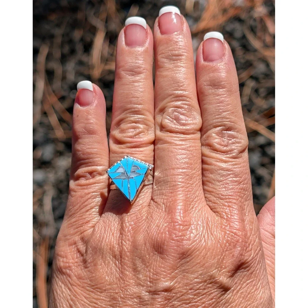 Handmade Zuni Inlay Ring D. Quam Sterling Silver Native American Jewelry sz 8 **